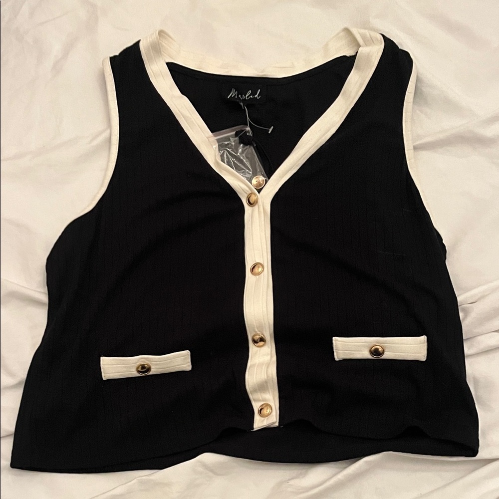 Marled Black and Cream Button-Down Vest